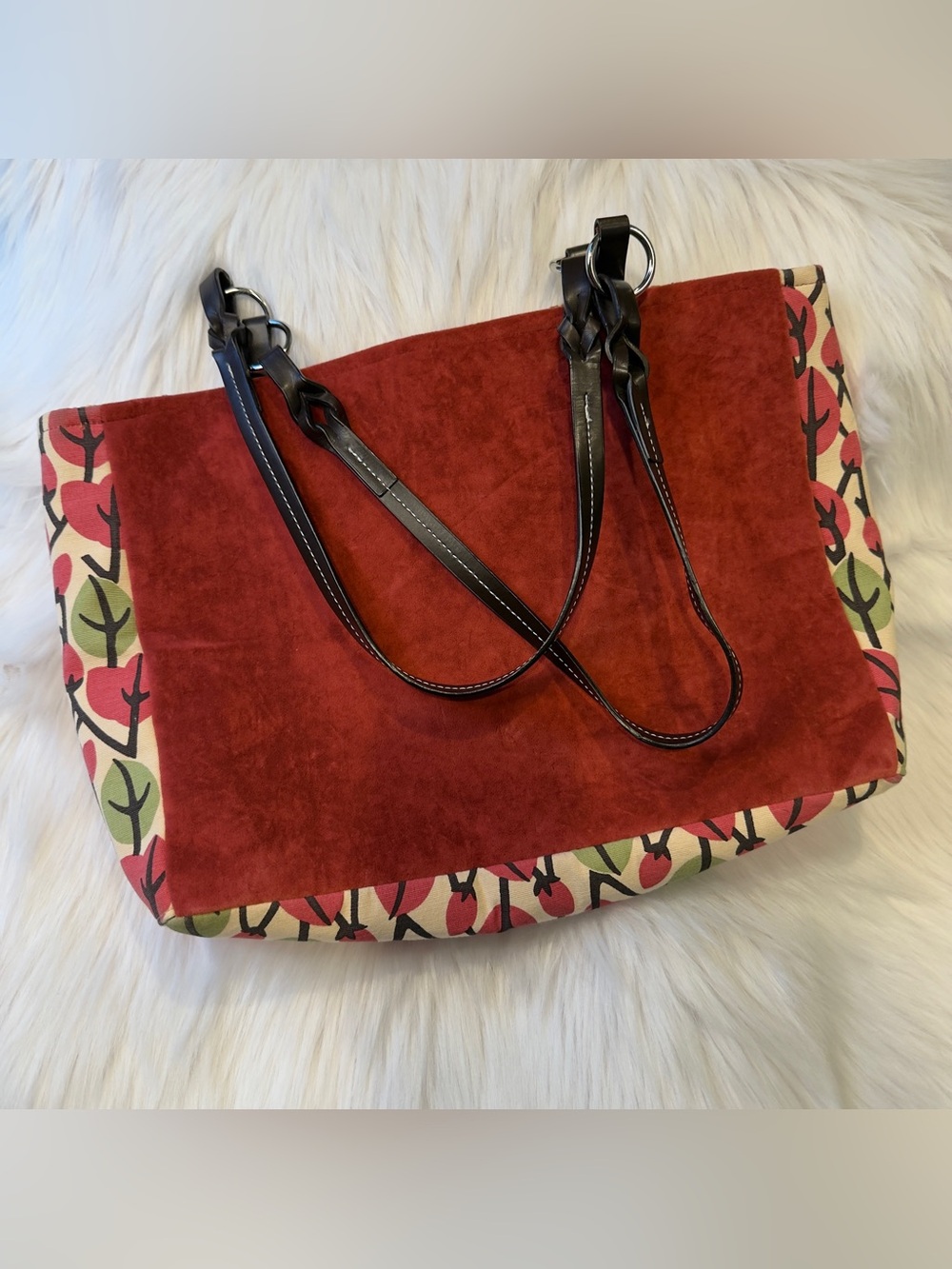B's Bags Red Suede Tote Handbag with Woven Wicker Print Lining